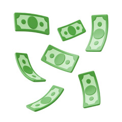 Floating cartoon money bills isolated on black background emphasizing financial concept wealth
