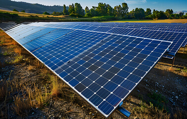 Farma fotowoltaiczna w złotym świetle zachodzącego słońca. Panele słoneczne symbolizujące zieloną, odnawialną energię i ekologię.