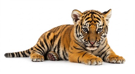 Obraz premium Adorable tiger cub rests peacefully against bright white background. AI Generated