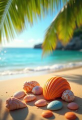 Obraz premium colorful seashells textured warm sand tropical beach scene shell display natural beauty, textures, marine, ocean, nature, coast, summer, tide, flora