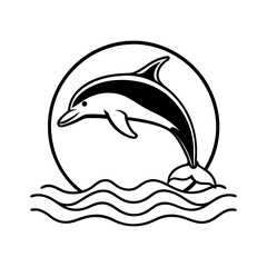 Stylized black and white illustration of a dolphin leaping over waves within a circular frame isolated on white background isolated on transparent background