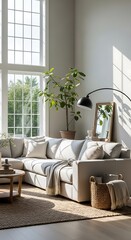  cozy living room with a large sectional sofa, natural light, and plants