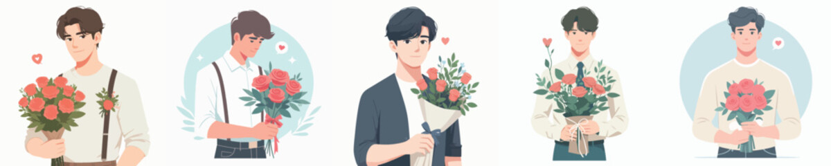 vector of young man holding flower gift