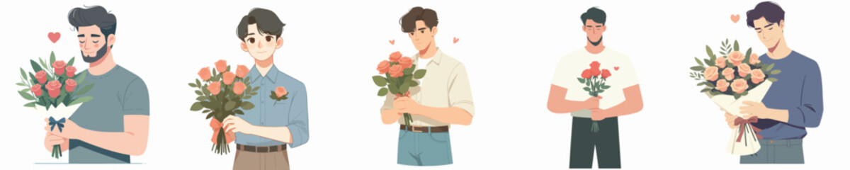 vector of young man holding flower gift