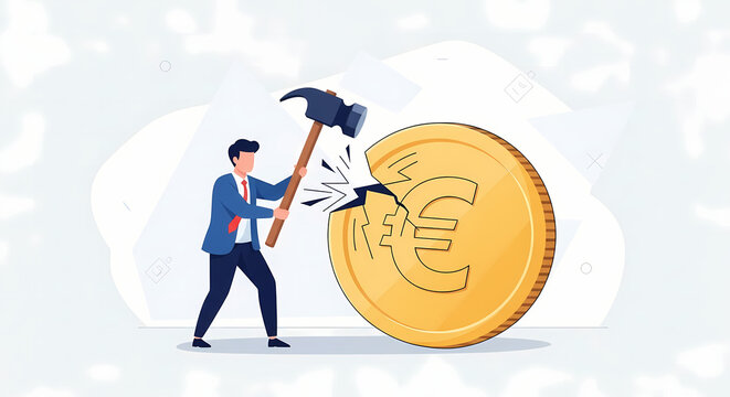 Businessperson Smashes Euro Coin — Economic Crisis Concept
