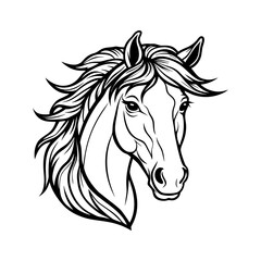 Detailed black and white sketch of a majestic horse head with flowing mane isolated on white background isolated on transparent background