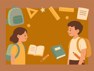 Illustration of Two School Children with Backpacks and Study Supplies.
