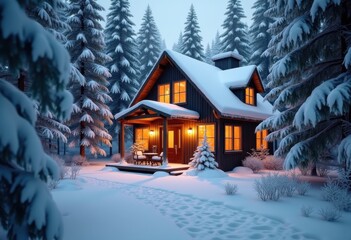 Fototapeta premium cozy cabin surrounded snow laden trees winter wonderland tranquil scene warm glow cabin life, forest, nature, landscape, architecture, holiday, vacation