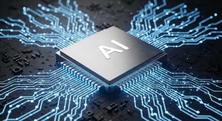 A detailed view of a central processing unit showcasing intricate circuit pathways and an embedded AI .
