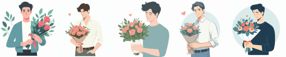 vector of young man holding flower gift