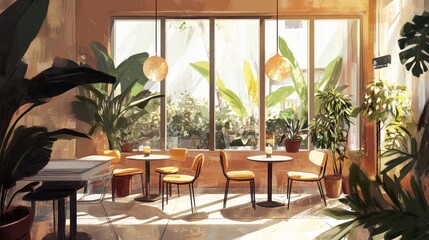 Fototapeta premium Sketch-style cafe with chairs, plants, and large window