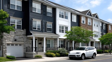 Naklejka premium Vibrant buildings with balconies stand behind lush grass under a bright blue sky on a sunny day, evoking a lively atmosphere.