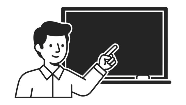 Educational Guidance: A vector illustration shows a smiling educator gesturing towards a blank chalkboard, symbolizing instruction and guidance. The scene evokes themes of teaching and knowledge. - Powered by Adobe