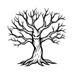 Spooky hand drawn halloween tree with a scary face isolated on white background isolated on transparent background