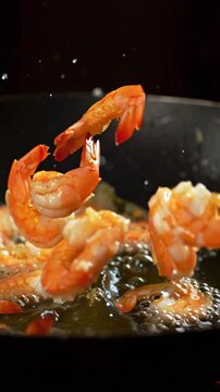 Closeup of shrimp being cooked in a pan with oil and seasonings