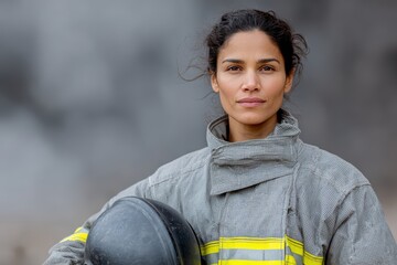 female firefighter, an indian woman in full firefighter gear, holding a helmet under her arm, stands in a smoky environment she is in crisp focus while the background is blurred for depth