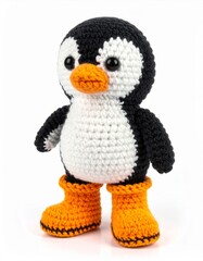 Fototapeta premium Knitted Penguin Toy with Orange Boots Standing Isolated on White Background