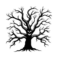 Creepy halloween tree with scary face and twisted branches isolated on white background isolated on transparent background