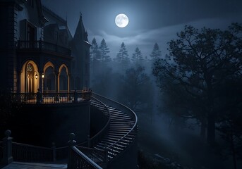 a mysterious gothic mansion under a full moon on a foggy, eerie night