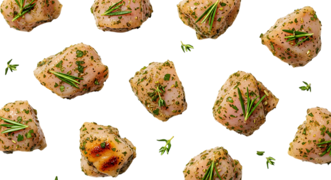 Seamless pattern of fresh raw chicken pieces marinated with herbs and spices isolated on transparent background, ready for grilling or roasting, offering a delicious meal