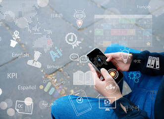 Back to school concept with student using smartphone and digital icons, planning study schedule, preparing for education, online learning, smart technology, knowledge growth, and future skills