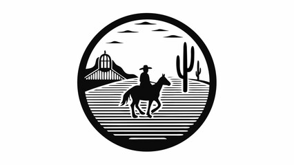 Silhouette of a cowboy riding a horse in the desert with cacti and a building in the background inside a circle | editable eps vectors