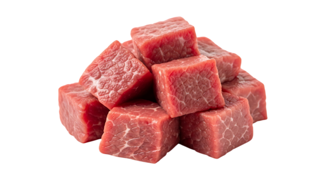 Pile of fresh raw diced beef cubes isolated on transparent background, a perfect ingredient for a delicious and proteinrich meal, prepared with care and culinary expertise
