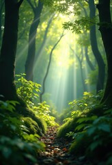 Obraz premium lush green forest canopy sunlight rays nature serenity enchantment vibrant leaves wilderness, trees, dappled, shade, foliage, ecosystem, landscape, vibrancy