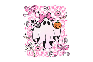 Kawaii Pink Halloween Ghost PNG. Cute coquette ghost with bow and checkered background for girly t-shirt design