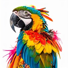 Fototapeta premium Close Up Portrait of a Colorful Macaw with Vibrant Plumage on a White Background