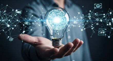 A hand holds a lightbulb with a network of digital connections, symbolizing innovative thinking and the link between ideas.