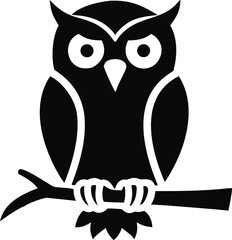 Wise owl silhouette sitting on a tree branch black and white design isolated on white background isolated on transparent background