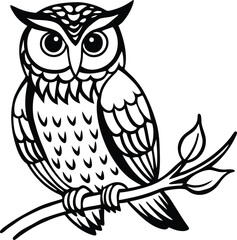 Wise owl sitting on a branch black and white silhouette isolated on white background isolated on transparent background