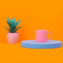 Pink mug and green plant on blue podium against orange background coffee