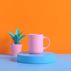 Pink mug and blue plant on blue pedestal against orange background image