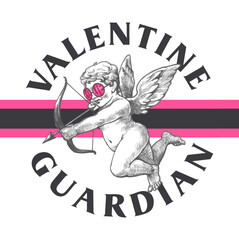 Graphic t-shirt design, valentine guardian slogan with Flying Cupid holding bow and aiming or shooting arrow ,vector illustration for t-shirt.