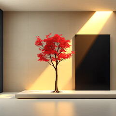 Red leaf tree on white platform with yellow light beam and black panel leaves autumn