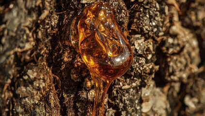 Closeup of pine resin drop on tree bark, golden amber texture with natural gloss, detailed macro nature background.
