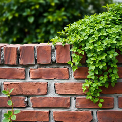 Red brick wall with green plant vines and blurred green background image