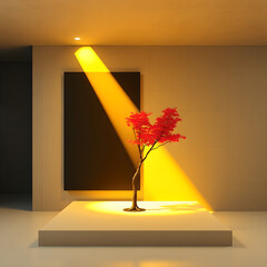 Red tree illuminated by bright yellow spotlight on display pedestal plant nature