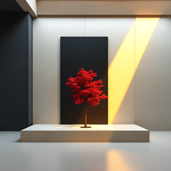 Red tree on white pedestal against black panel with yellow light beam plant nature