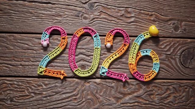 Arrangement depicting the numeral 2026 for the forthcoming year with footwear fasteners and baby's soothing item on aged timber surface, overhead perspective