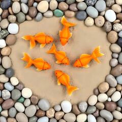 Six orange goldfish swimming in sand surrounded by colorful pebbles image