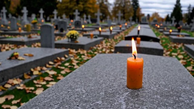 Shallow Depth of Field graph of Single Lit Orange Candle placed on Gravestone in Cemetery During Autumn for All Saints Day with Copy Space - Powered by Adobe