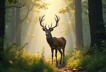 majestic deer emerging from misty forest enchantment serenity nature wildlife, wilderness, animals, trees, foliage, landscape, morning, tranquil, serene, dawn, light