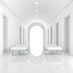 White modern hallway with arched window and benches corridor interior
