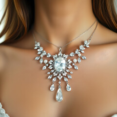 Woman wearing ornate silver necklace with clear gemstones and pearls jewelry
