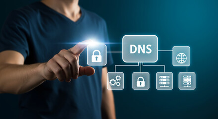 Man pressing DNS security icon, domain name system and internet network protection concept