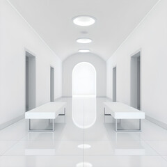 White modern minimalist hallway with arched doorway and benches interior