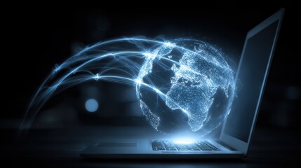 A laptop opens to reveal a glowing globe connected by lines of light, illustrating global connectivity and digital communication in a dark environment
